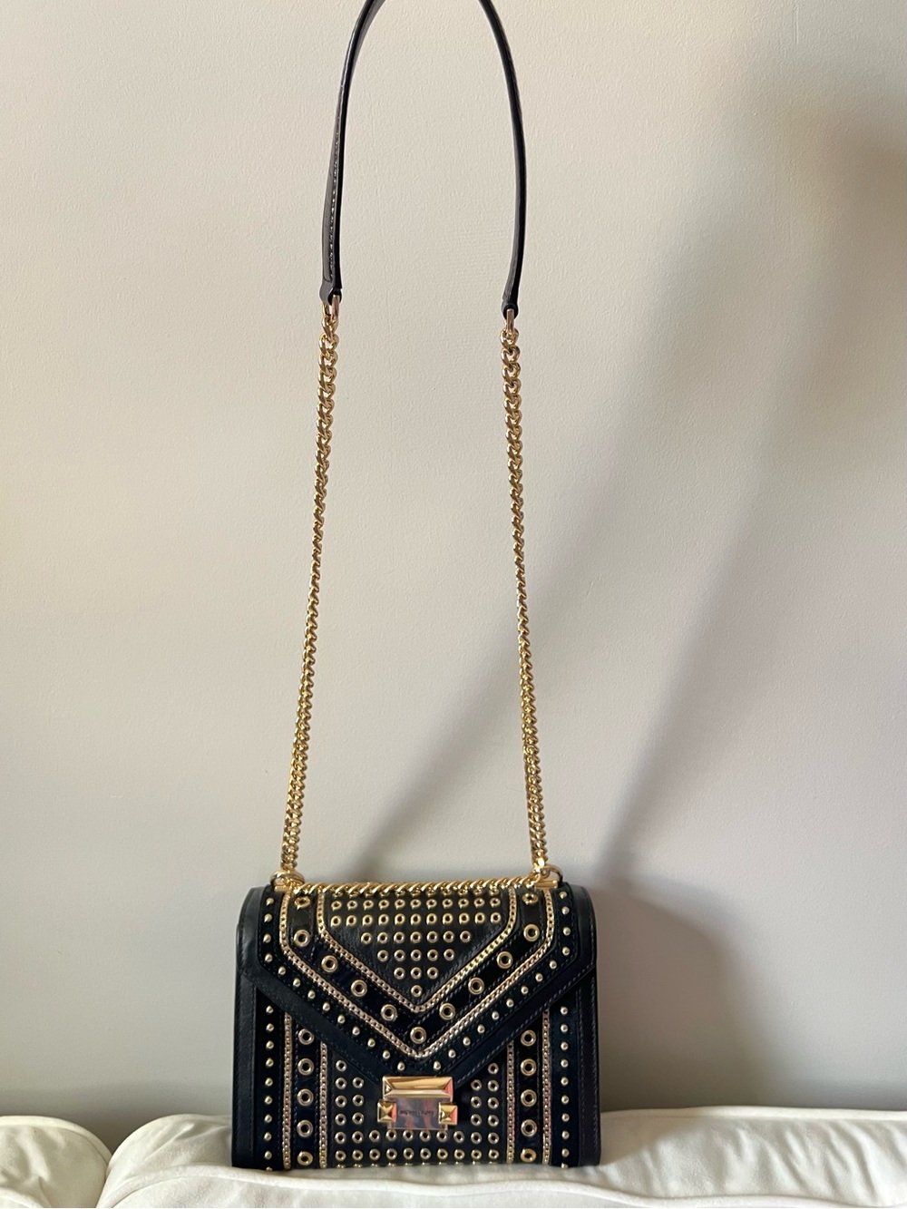 Michael Kors Whitney Black Leather Studded Grommet Chain Shoulder Crossbody Bag - Picture 4 of 14